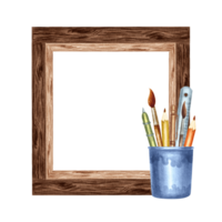 Writing supplies on wooden square frame. Brushes and pencils in blue plastic cup. Hand drawn watercolor illustration isolated. Knowledge for all. Template with copy space for card, website, workshop. png