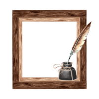 Inkwell with feather pen on wooden square frame. Bookshelf for cozy home interior. Hand drawn watercolor illustration isolated. Knowledge for all. Template with copy space for card, website, bookstore png