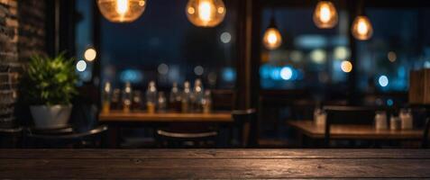 Dark night background with a blurred cafe restaurant, highlighting an empty wooden table top for displaying products. photo