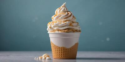 Creamy soft serve ice cream presented in a simple white cup on a bi-color background. photo