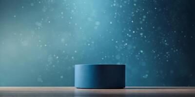 Empty pedestal display on blue background with stand for product show or presentation. photo