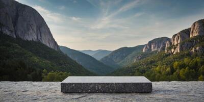Empty granite podium on a blank stone table top serving as a background for presenting products with a gray rock pedestal and a horizontal banner featuring a m. photo