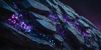 Close-up of a rock covered in purple and blue lights, great for futuristic or sci-fi concepts. photo