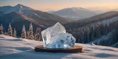 Crystal ice podium for product display on the background scene snow winter landscape. photo