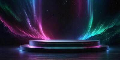 Dazzling aurora background with a sleek dark podium creating a mesmerizing scene for showcasing exclusive and luxury products. . photo