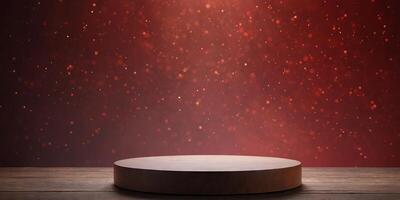 Empty pedestal display on red background with stand for product show or presentation. photo