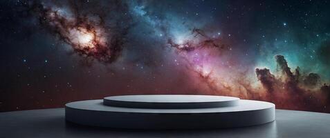 Empty podium with a galaxy with stars and nebulae background for product display or presentation. photo