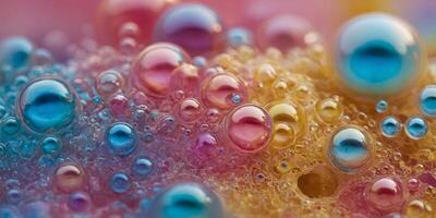 Close-up of iridescent bubbles with a pink, blue, and yellow gradient background. photo