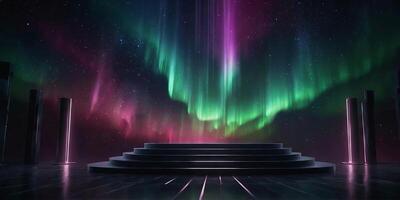Dazzling aurora background with a sleek dark podium creating a mesmerizing scene for showcasing exclusive and luxury products. . photo