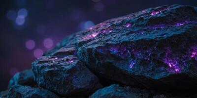Close-up of a rock covered in purple and blue lights, great for futuristic or sci-fi concepts. photo