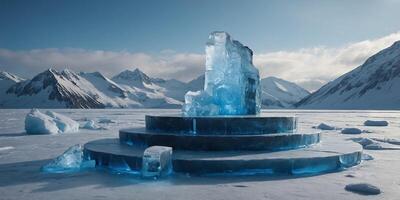 Empty ice podium winter stage, refreshing snow and cold, product demonstration platform, cold iceberg pedestal. . photo