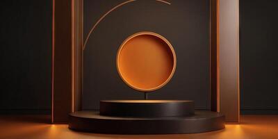 Dark orange podium with amber color geometric, autumn background, mockup for branding, exhibitions and product presentation illustration. photo