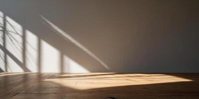 Empty Light Wood Table with Soft Shadow and Sun Rays on White Wall Background. photo