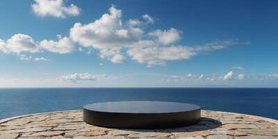 Empty round black podium on stone platform with sea and blue sky background for product display. photo
