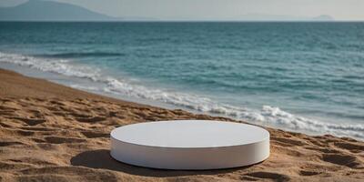Empty round podium displaying on minimal background with ocean view for cosmetic product presentation. photo