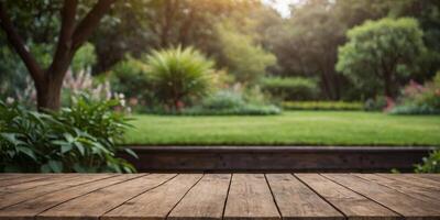 Empty Wooden Table with Garden Background. photo