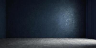 Empty room with dark blue wall and natural light Abstract minimalist background with copy space for product presentation. photo