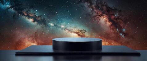 Empty podium with a galaxy with stars and nebulae background for product display or presentation. photo