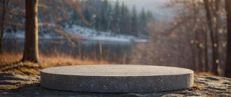 Empty round stone podium in winter background with copy space for product display. photo