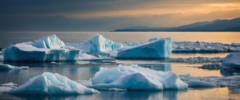 Effects of global warming, showcasing rising sea levels engulfing coastal areas due to the melting of polar ice caps and glaciers. photo
