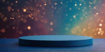 Empty blue round podium presenting new product on colorful background. photo