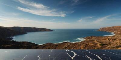 Empty black marble stone table top with sea view background For product display. photo