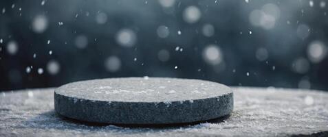 Empty stone pedestal with snowflakes, winter background Modern product display Minimal mockup template. photo
