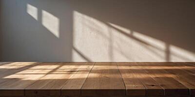 Empty Light Wood Table with Soft Shadow and Sun Rays on White Wall Background. photo