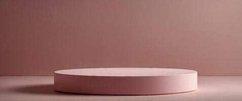 Empty round cylinder pink platform podium for product or cosmetics presentation on pink background Minimal composition background Front view. photo