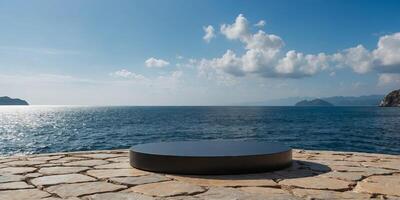 Empty round black podium on stone platform with sea and blue sky background for product display. photo