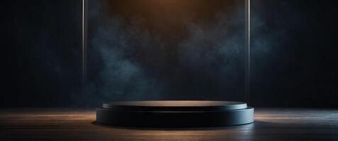 Empty round black product presentation podium in dark room. photo