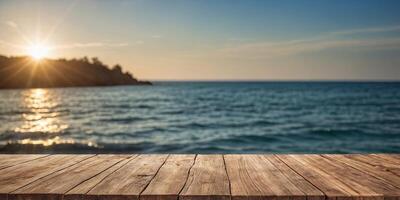 Empty wooden table, blurred summer sea background with copy space for your product. photo