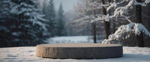 Empty round stone podium in winter background with copy space for product display. photo