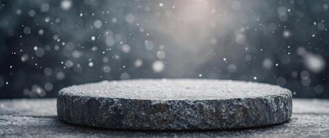 Empty stone pedestal with snowflakes, winter background Modern product display Minimal mockup template. photo