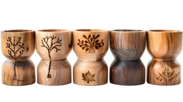 Al generated wooden cups with tree and leaf carvings isolated on transparent background png