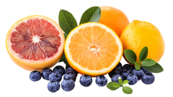 Al generated sliced citrus fruits with blueberries isolated on transparent background png