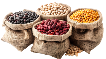Al generated mixed beans and lentils in burlap sacks isolated on transparent background png