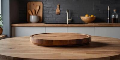 Kitchen table with a wooden round empty cutting board, blurred kitchen in the background Round podium for displaying products and goods. photo