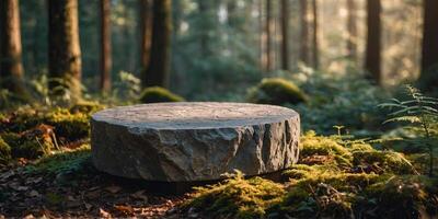 Flat stone podium in the magical forest , empty round stand background, product mockup. photo