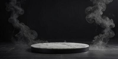 Empty round marble podium with smoke on black platform with black background for product display. photo