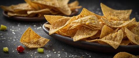 lleno marco profundo frito mexicano maíz tortilla papas fritas antecedentes bandera. foto