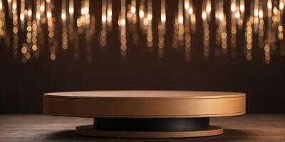 Empty round cylinder platform podium for product or cosmetics presentation on brown color background with bokeh. photo