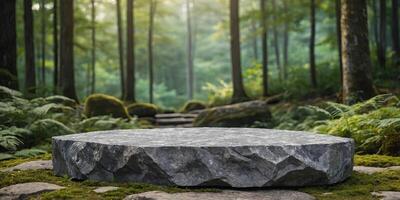 Flat stone podium on rock platform illustration, gray rock pedestal for product display, green forest. photo