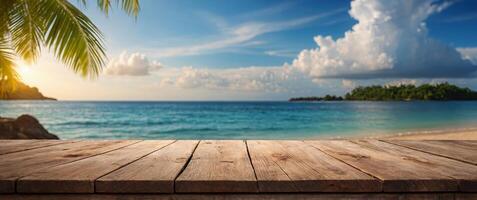 Empty wooden table on a beautiful blured tropical beach background Summer holiday background for product display. photo