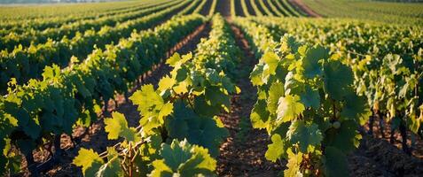 Green field with rows of vines for harvesting Ripe grapes for the production of fine wines. photo