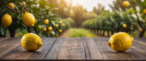 Empty wooden table top with blurred lemon farm background. photo