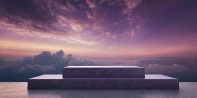Purple cloud background podium display stand with white sky, abstract stage for product showcase. photo