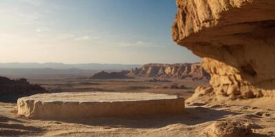 Product display on desert cave background Podium showcase in sand rock cave Empty space. photo