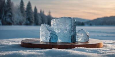 Ice podium with snowy background for mockup display or presentation of products Advertising theme concept. photo