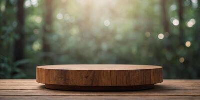Empty round wooden podium for minimal product branding presentation showcase. photo